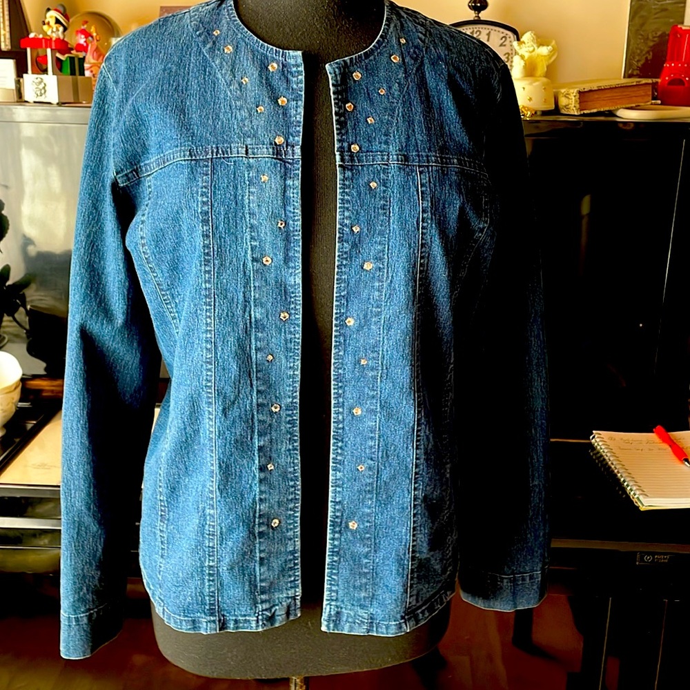 Women's Dark Blue Studded Collarless Denim Jacket